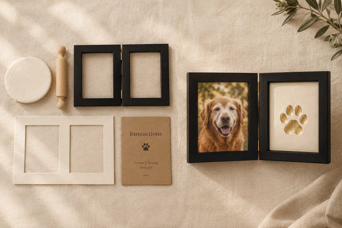 Everything in the Furly Memories paw print kit laid out beside the finished framed keepsake