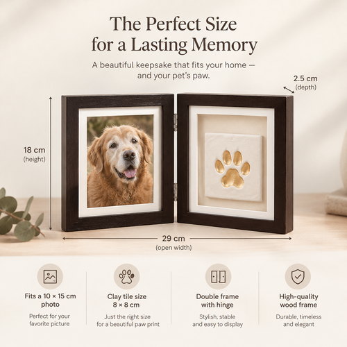 Size guide: 18 cm tall, 29 cm open width, 2.5 cm deep, fits a 10 x 15 cm photo and 8 x 8 cm clay tile