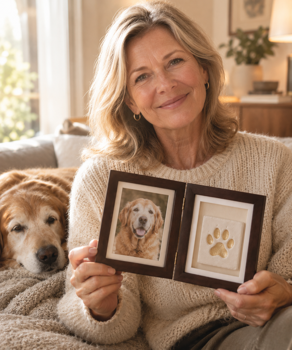 Smiling woman holding her Furly Memories paw print keepsake next to her dog