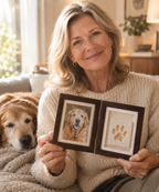 Smiling woman holding her Furly Memories paw print keepsake next to her dog